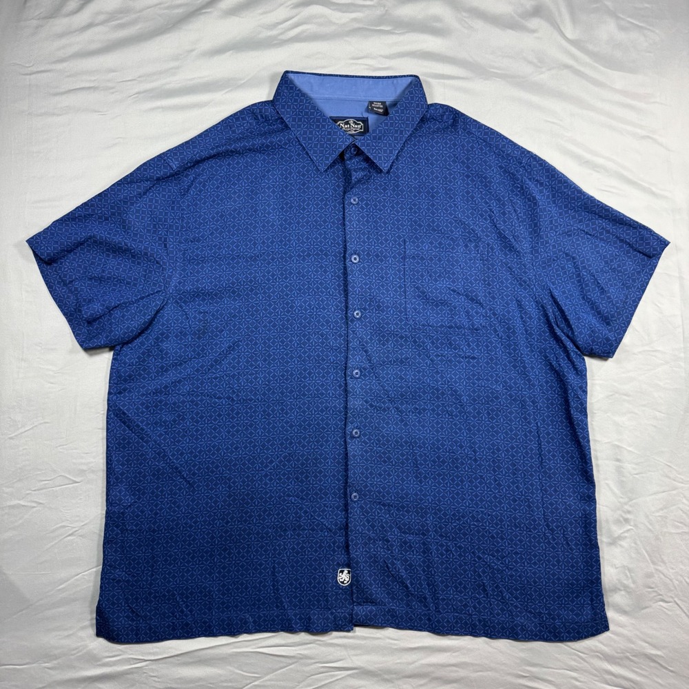 Nat Nast Luxury Originals Blue Silk Cotton Geometric Short Sleeve Shirt Mens XXL